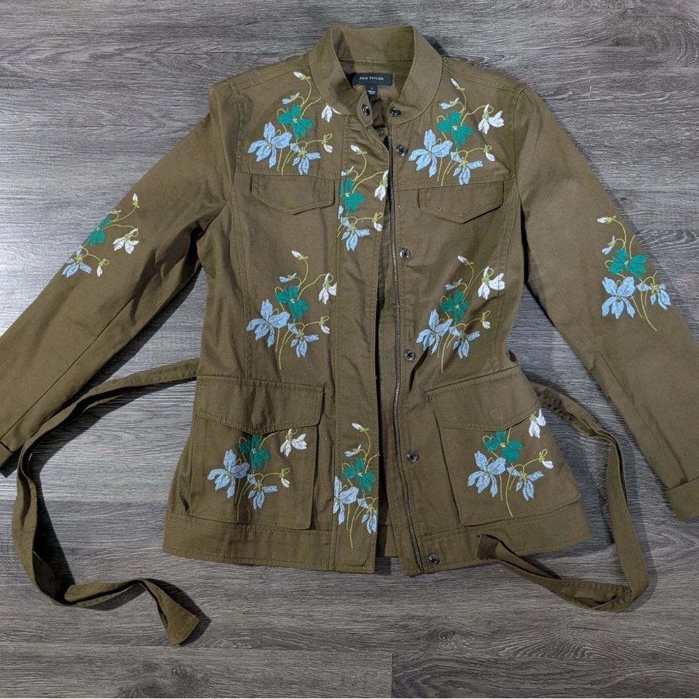 Ann Taylor Olive Utility Jacket with Blue & Teal Floral Embroidery